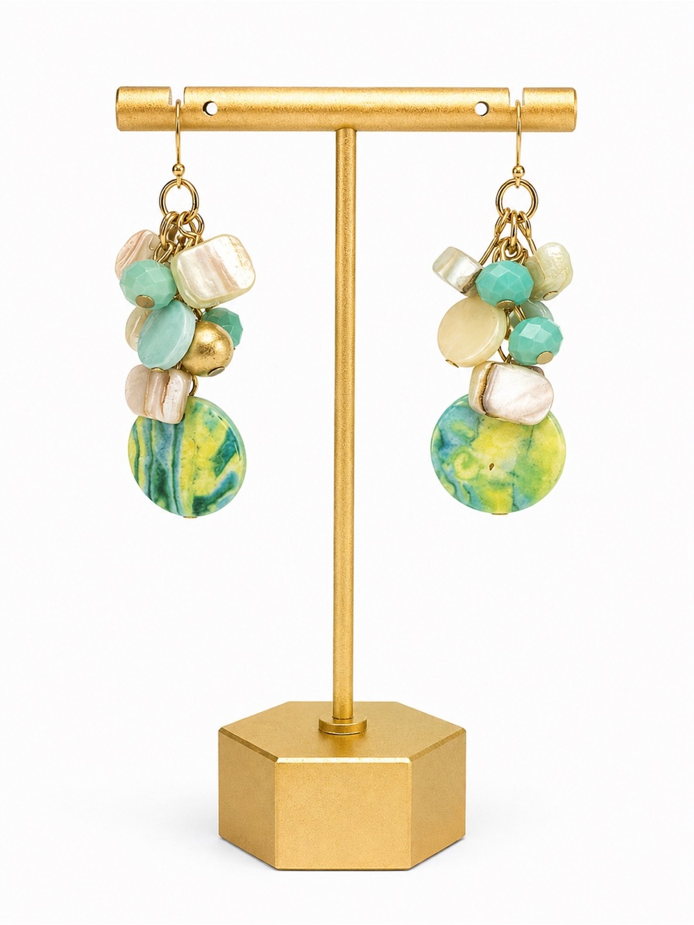 Boho Coastal Cluster Drop Earrings Aqua Green Gold Tone